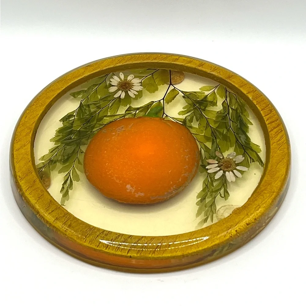Vintage Lucite Acrylic Pressed Flowers Mandarin Round Trivet 5 in Diameter